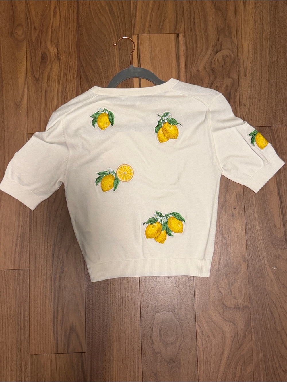 Alice + Olivia Cream Short Sleeve Sweater with Yellow Lemon Embroidery - Picture 3 of 4